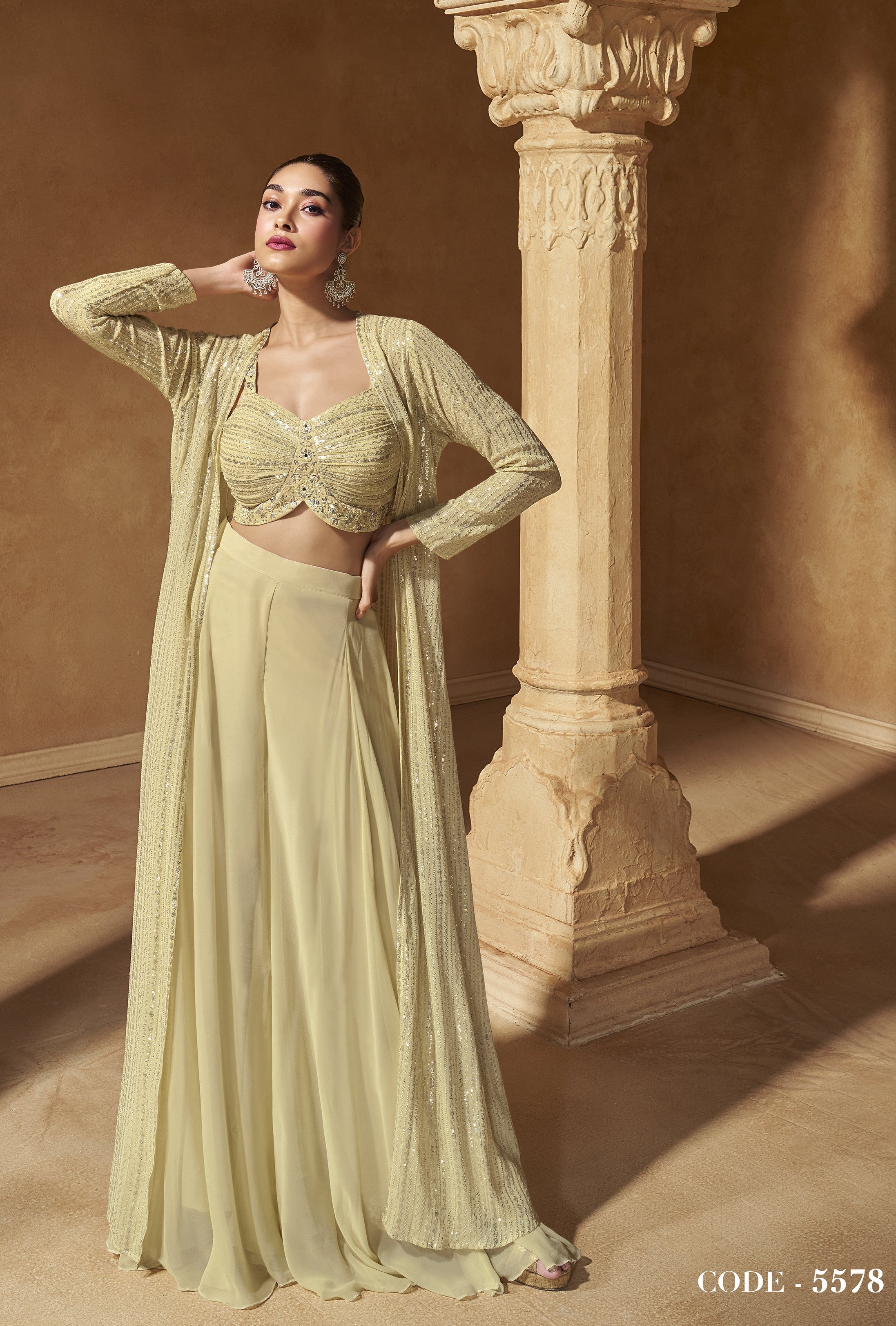 Khaki Georgette Indo Western Crop Top Shrug Palazzo Ready To Wear Set