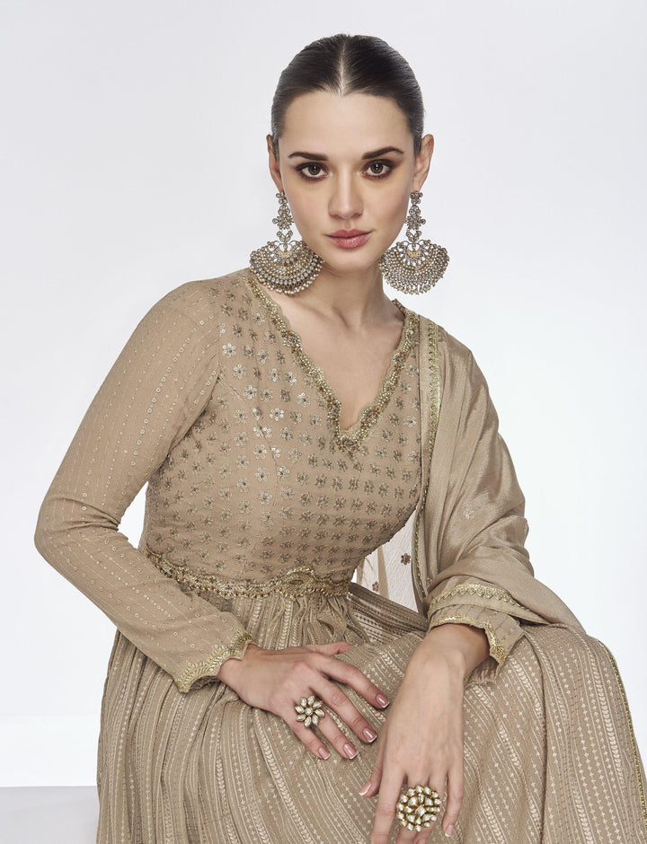 Celebration Wear Brown Silk Georgette Patterned Stylish Sharara Suit - Fashion Nation