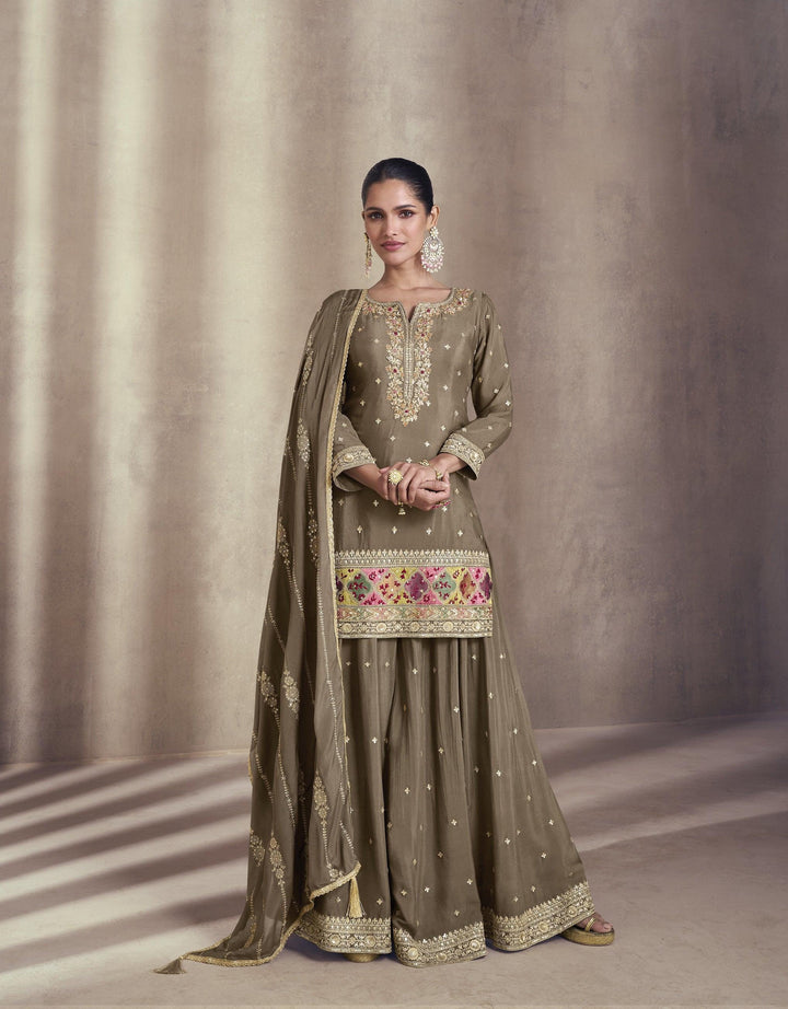 Shaadi Function Wear Grey Silk Sharara Suit - Fashion Nation