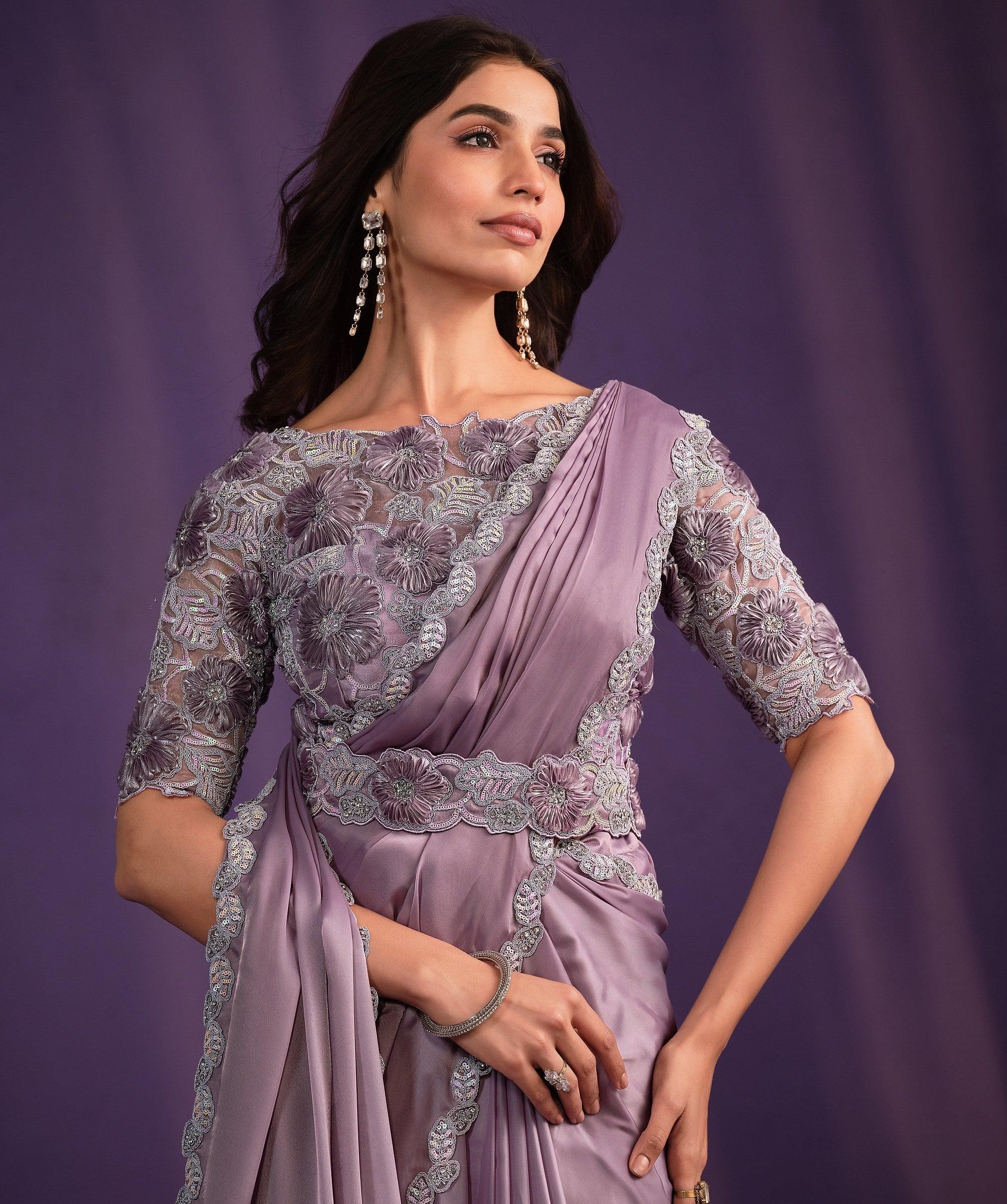 All Occasion Wear Lilac Crepe Pre-Stitched Sari with Belt