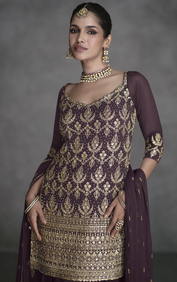 Designer Violet Georgette Sharara Suit for Weddings - Fashion Nation