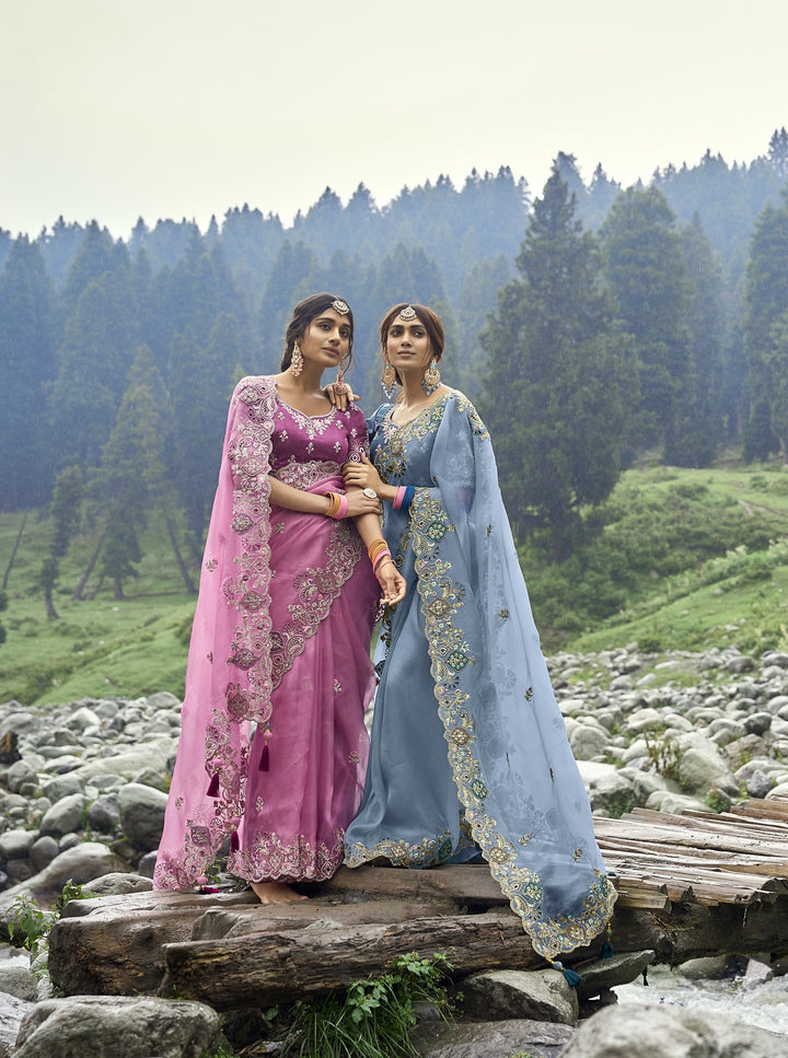 engagement special pink silk designer sari