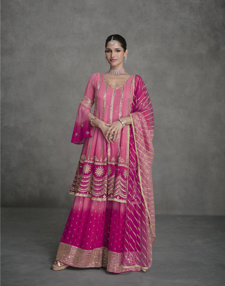 Festive Shaded Pink Georgette Sharara Suit For Engagement Wear - Fashion Nation