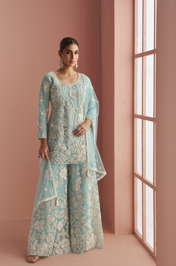 floral net partywear designer palazzo kurti set