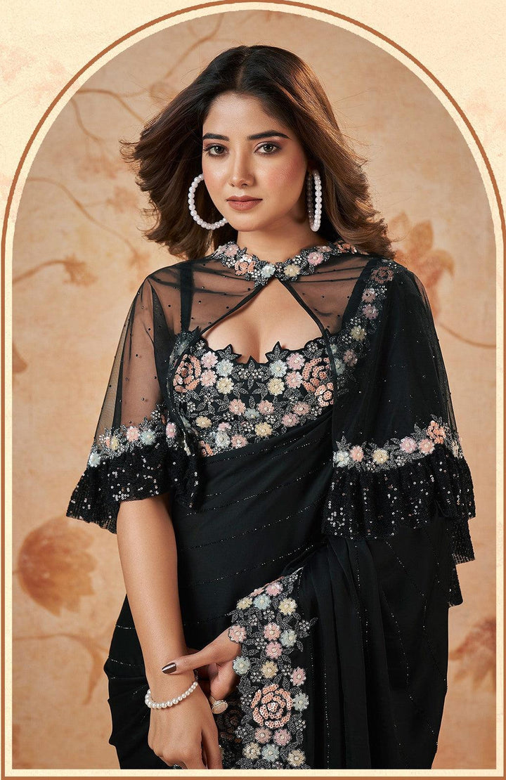 Black Crepe Silk Cocktail Partywear Saree with Poncho - Fashion Nation