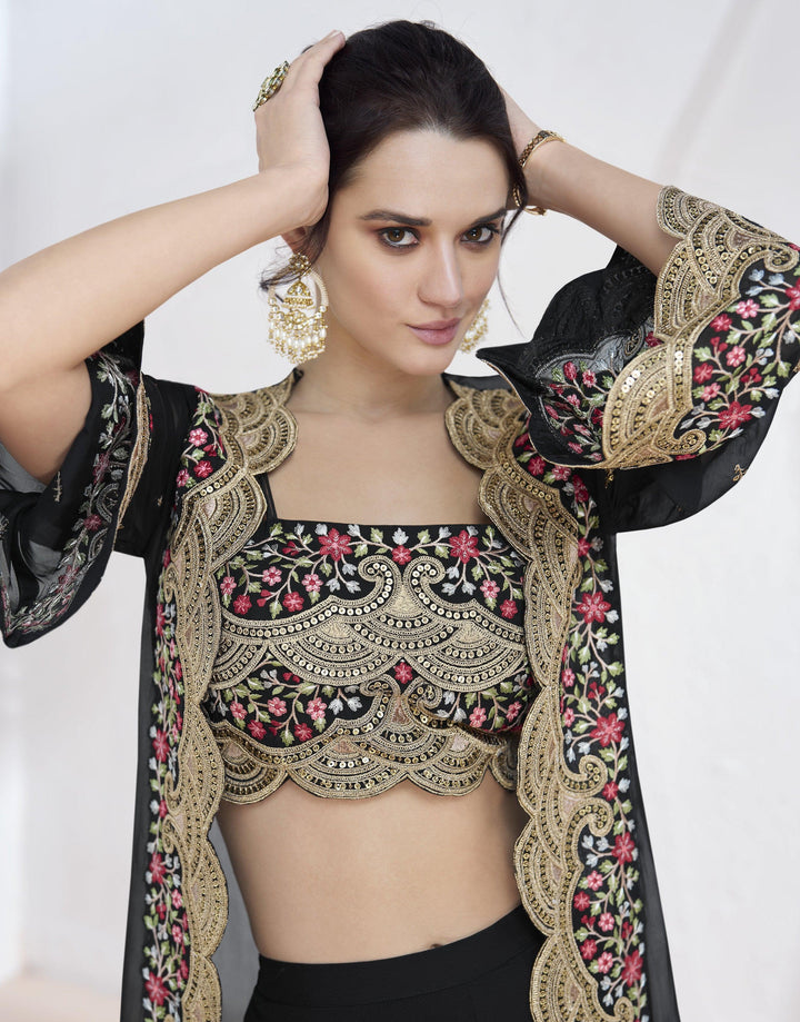 Partywear Black Georgette Bollywood Style Crop Top With Shrug Set - Fashion Nation