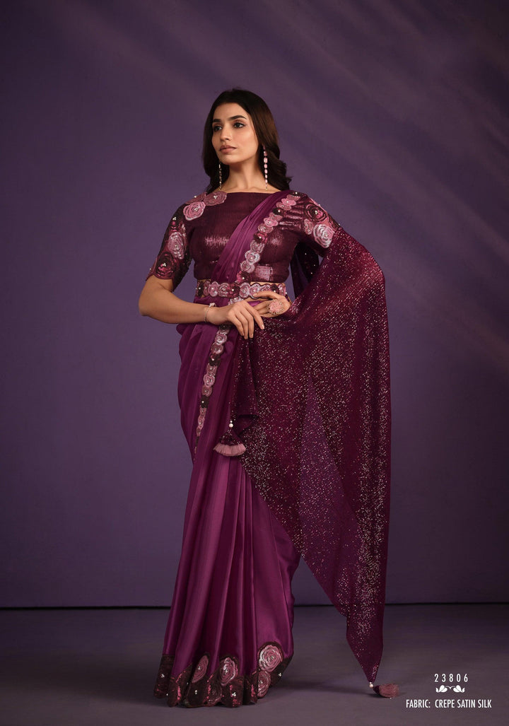 Bachelorette Partywear Burgundy Crepe Fusion Sari with Belt - Fashion Nation