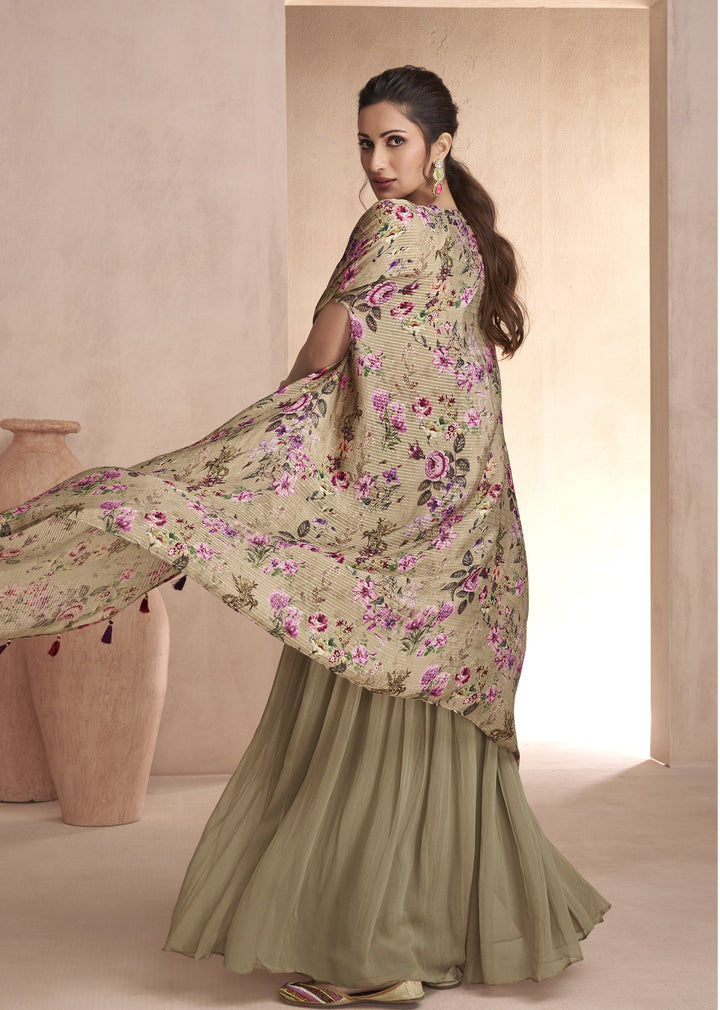 indo western skirt crop top and cape style jacket dress