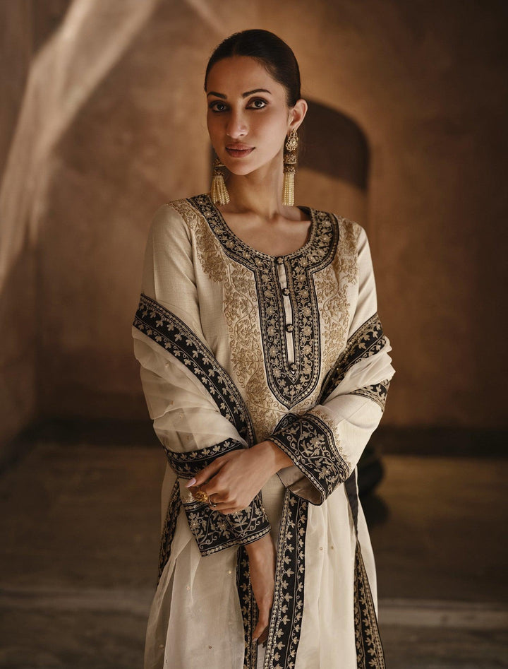 Evening Partywear Ivory Silk Designer Pants Kurta Suit - Fashion Nation