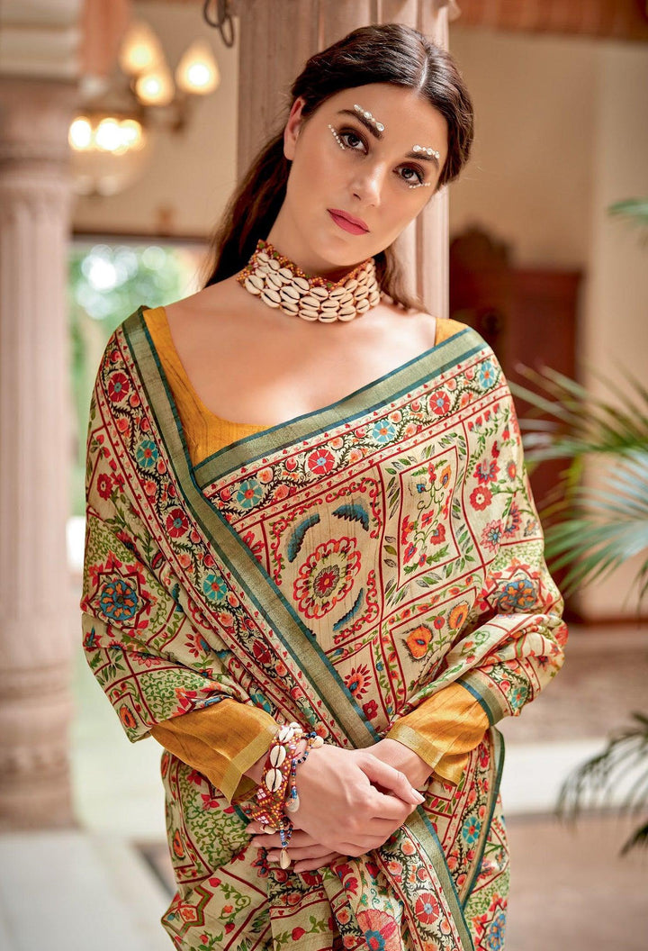 Banarasi Zari Silk Multi-Coloured Mughal Floral Motifs Print Saree - Fashion Nation