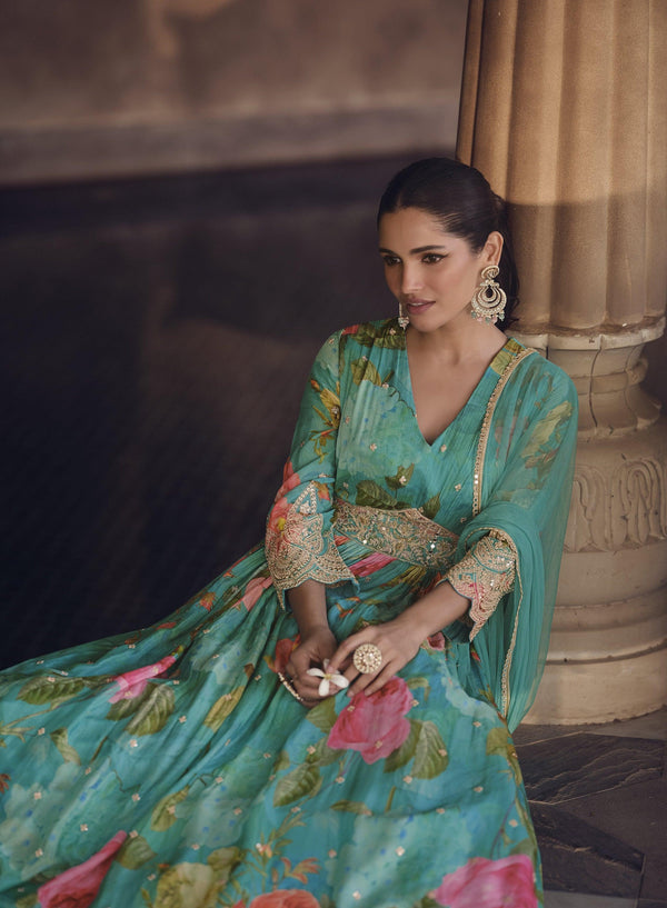 Summery Party Gown | Aqua Georgette Stitched Flowy Celebration Wear - Fashion Nation