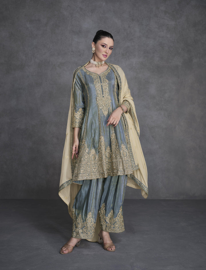 Occasion Wear Blue Organza Silk Designer Palazzo Kurta Suit - Fashion Nation