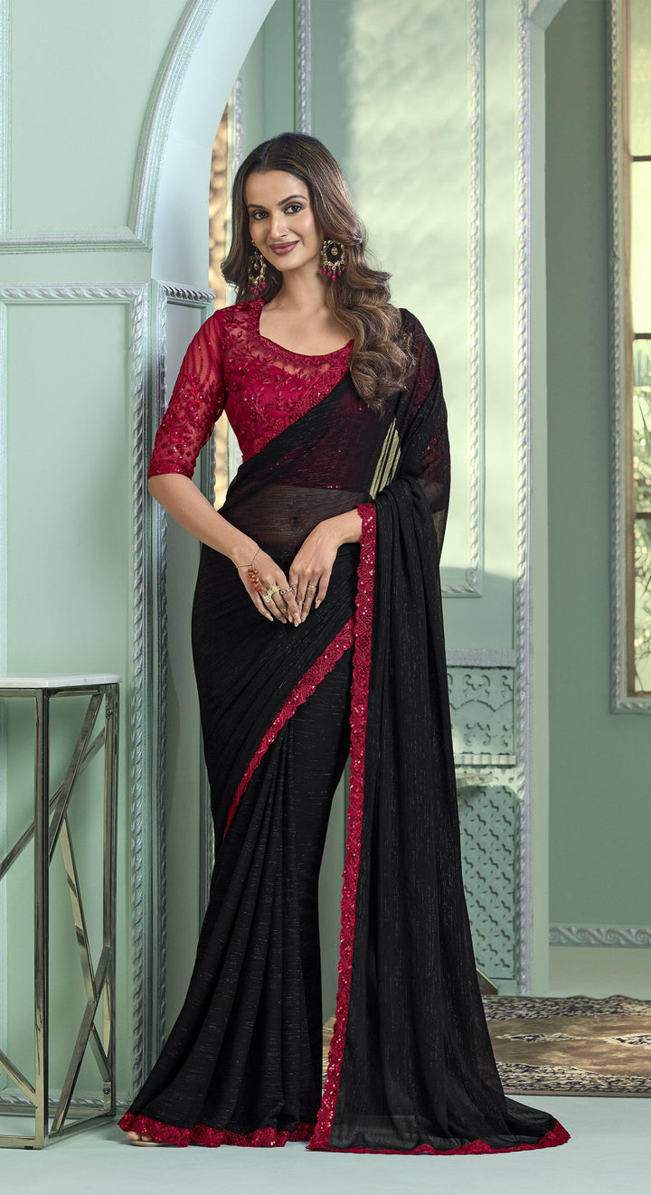 Evening Partywear Black Chiffon Designer Saree With Pink Sequins Blouse - Fashion Nation