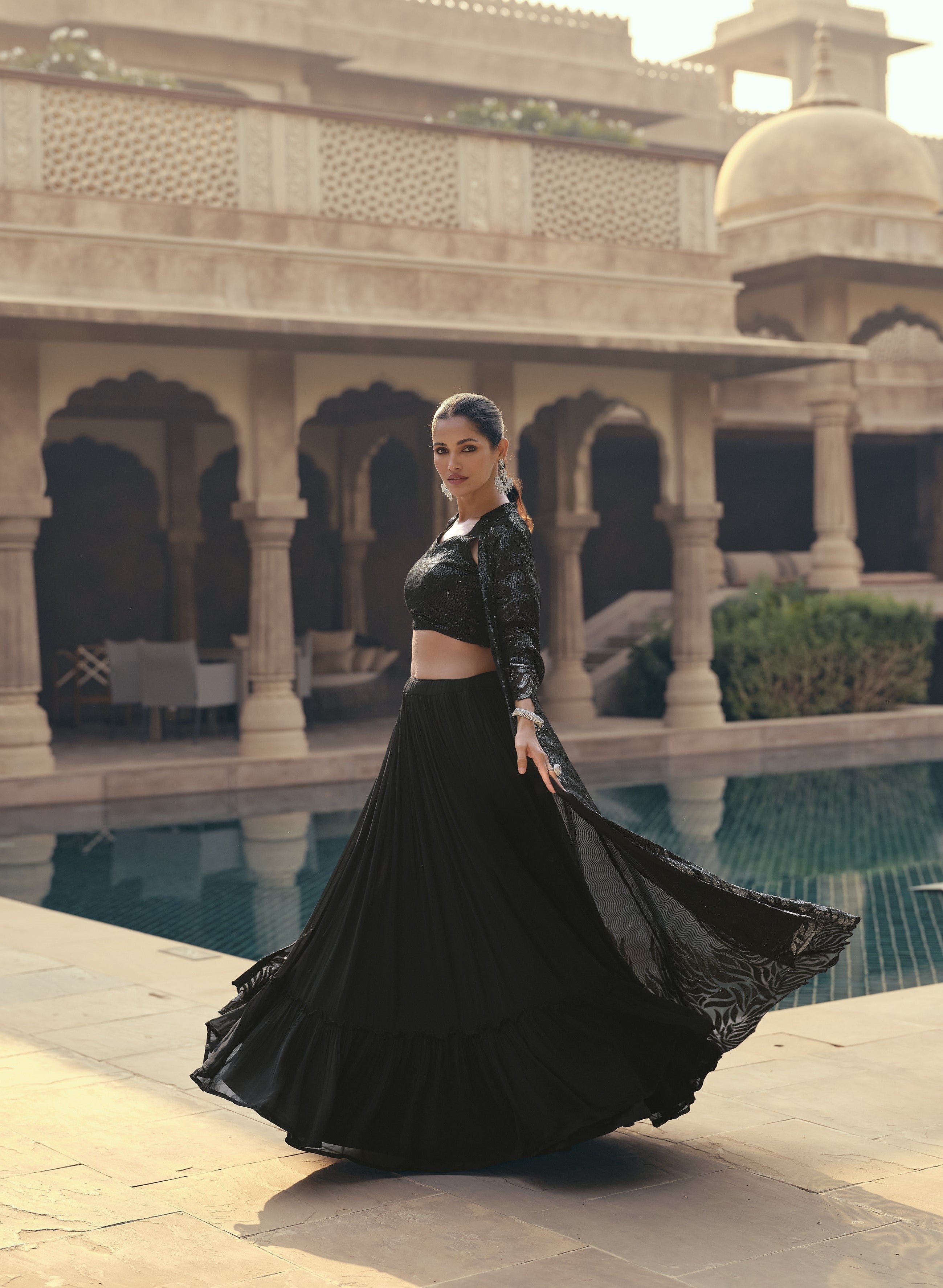 Bachelorette Wear Black Silk Stitched Crop Top Cape Skirt Fusion Dress