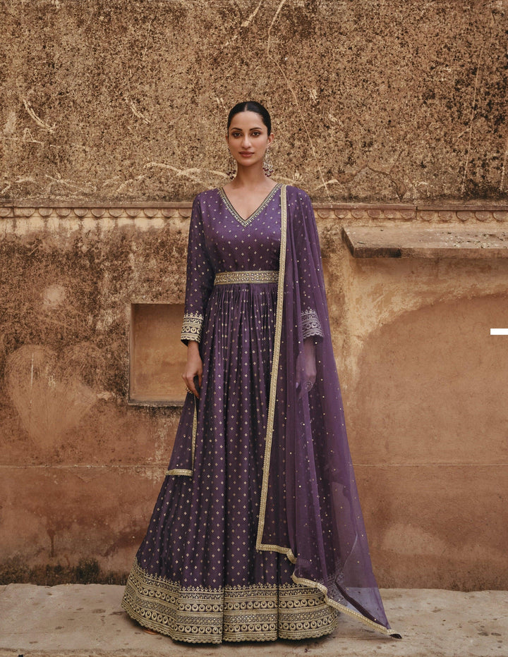 Indo Western Evening Wear Purple Silk Anarkali Gown - Fashion Nation