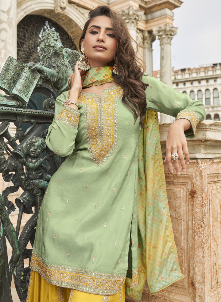 bandhej print multicolor dupatta with ethnic sharara and kurta set