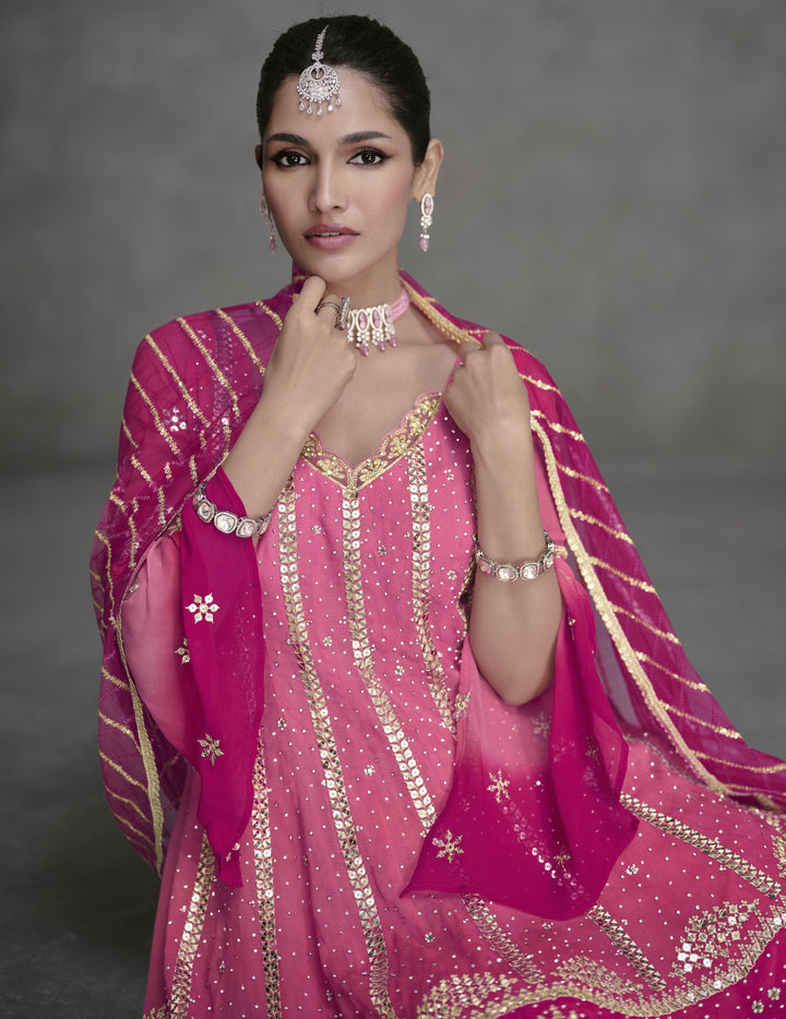 Festive Shaded Pink Georgette Sharara Suit For Engagement Wear - Fashion Nation