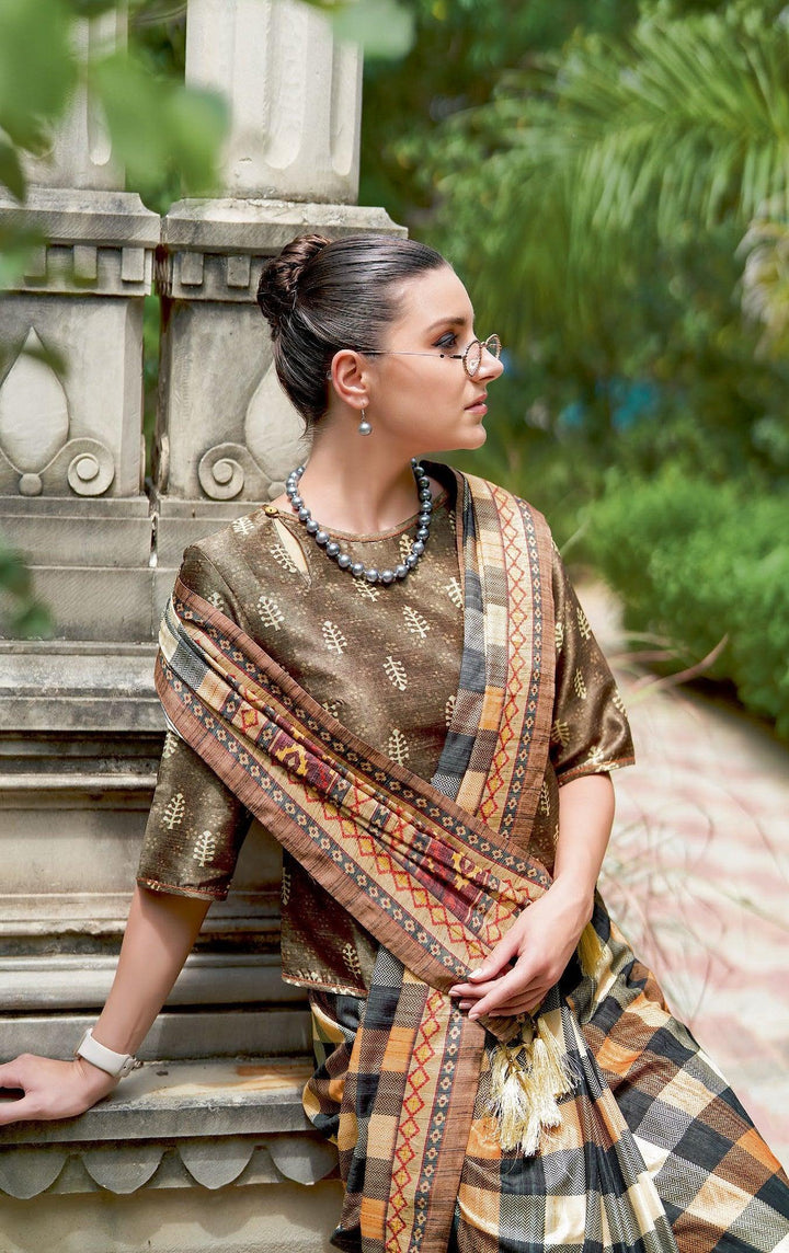 Casual Wear Multicoloured Checks Patterned Silk Saree With 2 Blouses - Fashion Nation