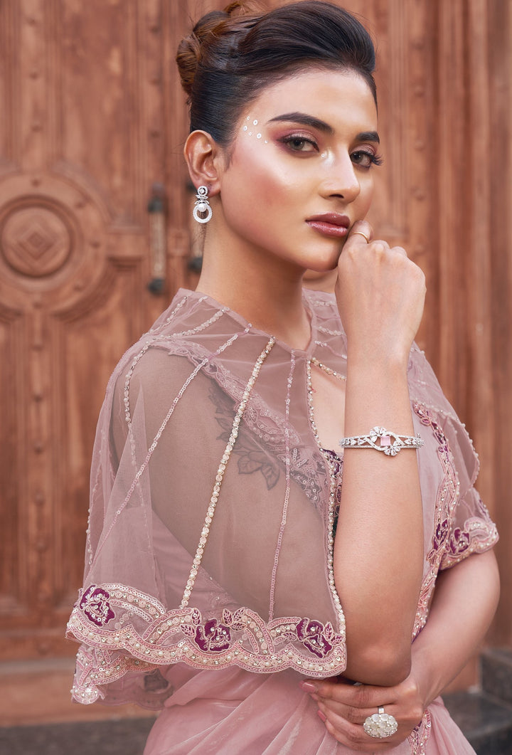 sangeet wear cocktail saree with belt and poncho