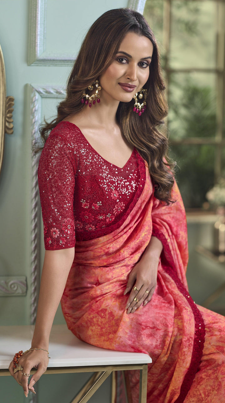 Celebration Wear Multicolor Shaded Chiffon SIlk Saree | Ornated Blouse - Fashion Nation