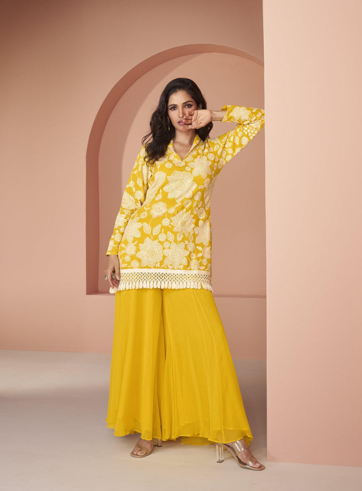 Haldi Wear Yellow Silk Georgette Indo-Western Designer Co-ord Set - Fashion Nation