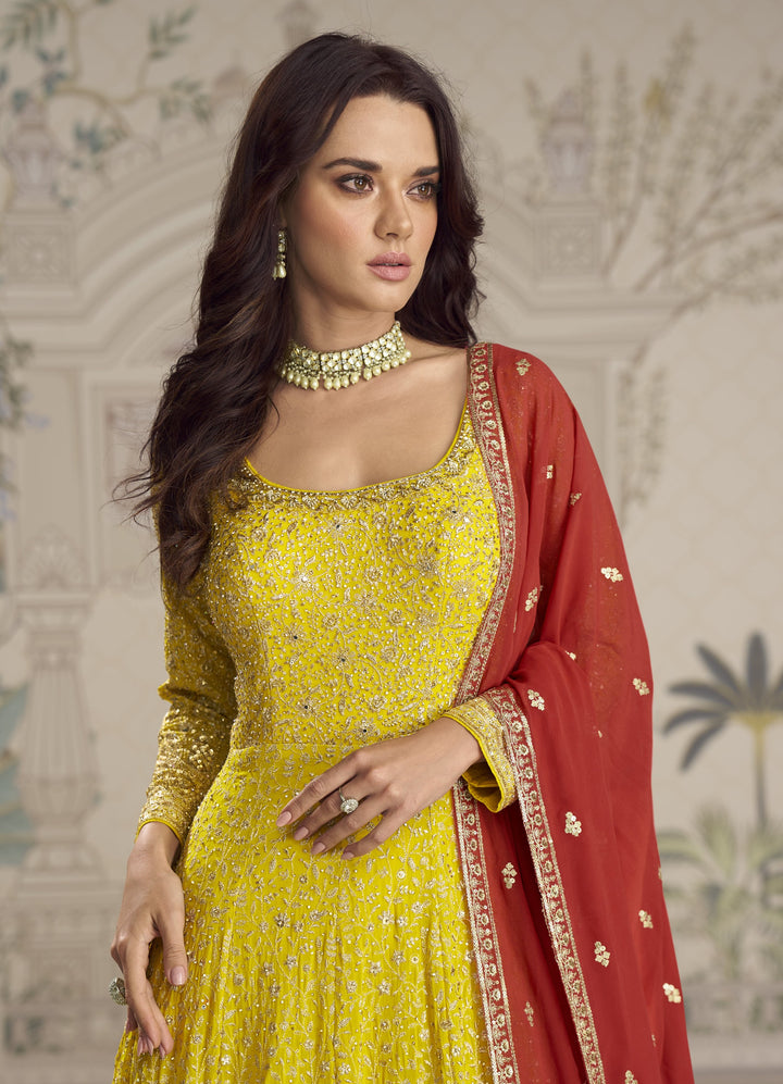 indo western anarkali gown ideal for haldi parties