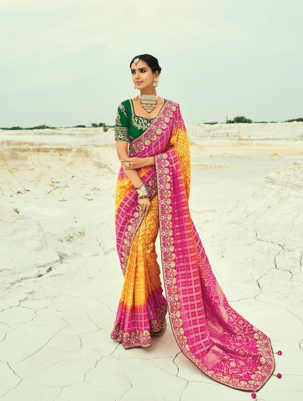 bridal banarasi weaving patola tie-dye sari with contrast blouse