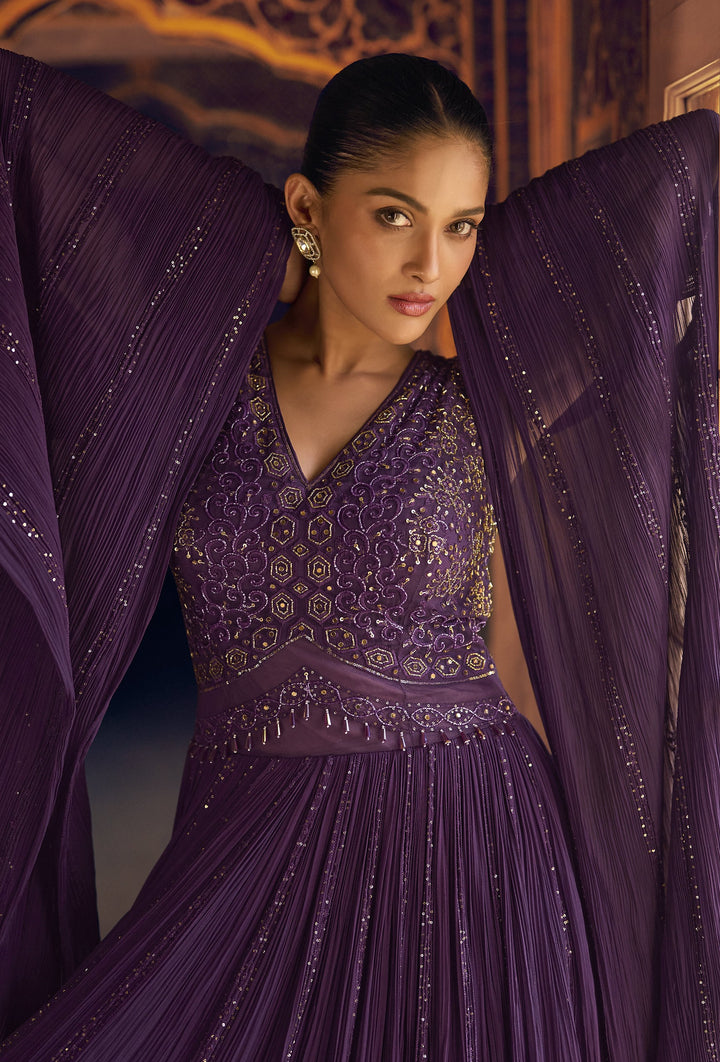 sequins embroidered ethnic anarkali suit in purple by sayuri designer