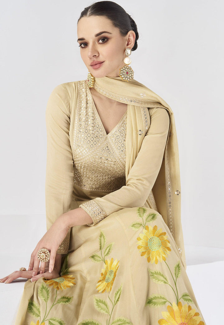 Indian Ethnic Beige Silk Fusion Fashion Ready-To-Wear Anarkali Gown - Fashion Nation