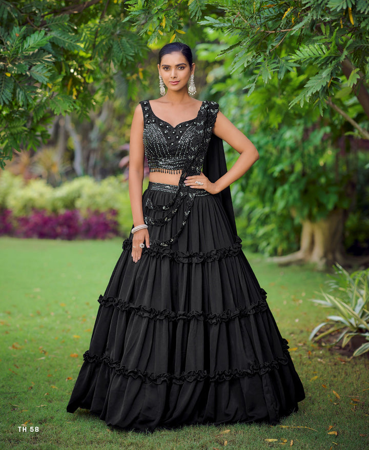 Cocktail Wear Black Silk Tiered Skirt & Crop Top - Fashion Nation