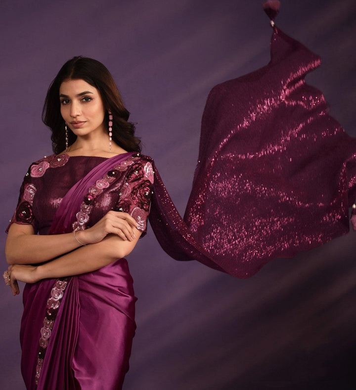 Bachelorette Partywear Burgundy Crepe Fusion Sari with Belt - Fashion Nation