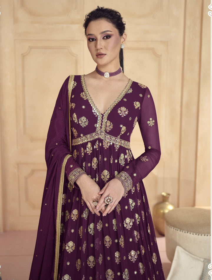 Designer Purple Georgette Anarkali Gown For Sagaai Ceremony - Fashion Nation