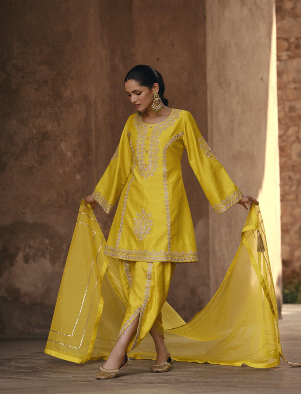 Festive Yellow Silk Ethnic Dhoti Kurta Suit for Haldi Function - Fashion Nation