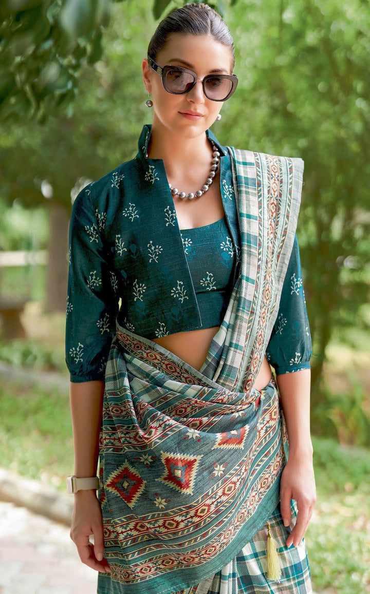 Daily Wear Blue Checks Patterned Silk Stylish Sari with 2 Tops - Fashion Nation