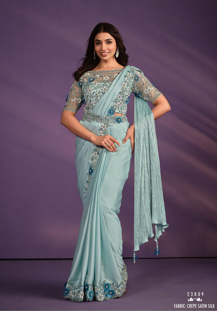 Afternoon Partywear Aqua Satin Crepe Pre-Stitched Sari with Belt - Fashion Nation