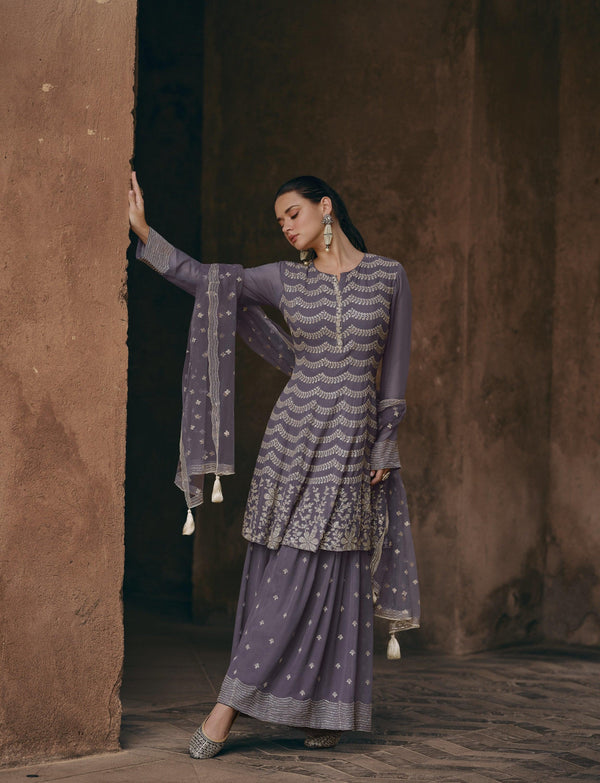 Designer Lavender Georgette Sagaai Function Wear Sharara Suit - Fashion Nation