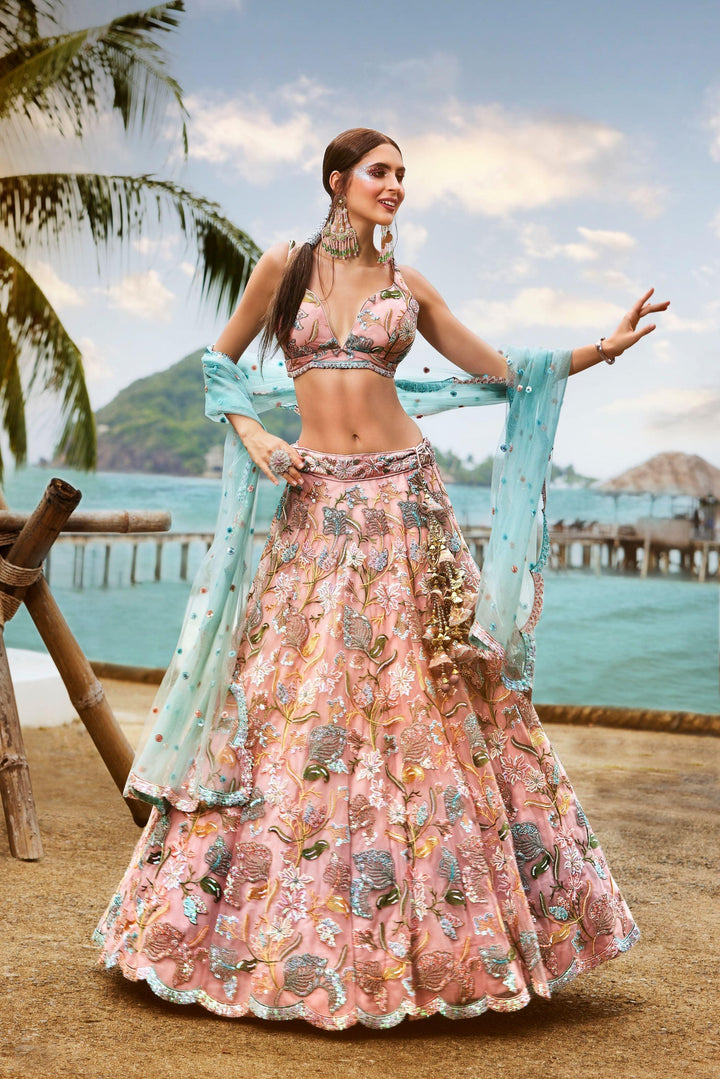 Designer Celebration Wear Peach Net Lehenga Choli - Fashion Nation