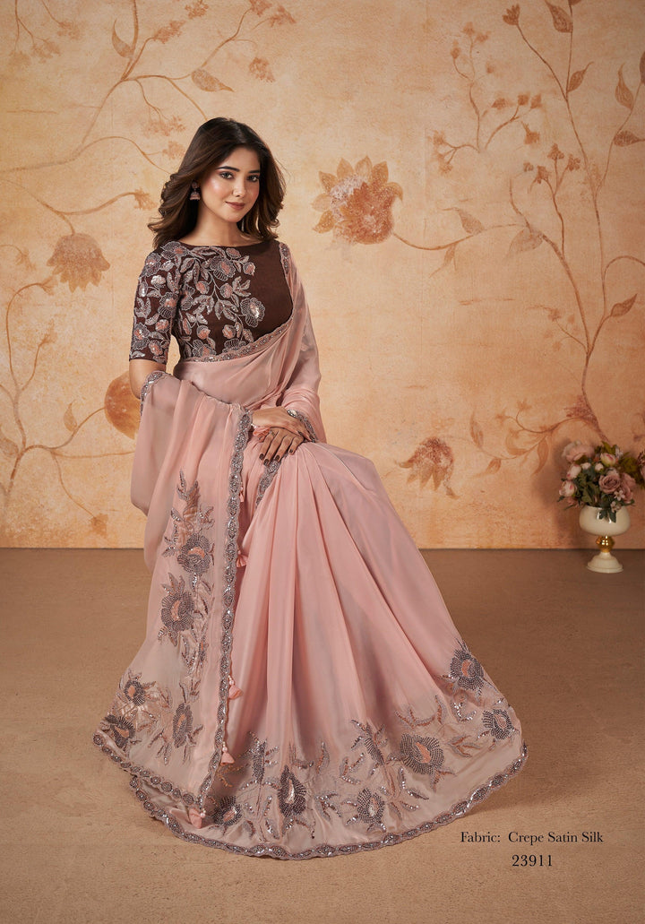 Reception Partywear Crepe Silk Designer Saree In Pink - Fashion Nation