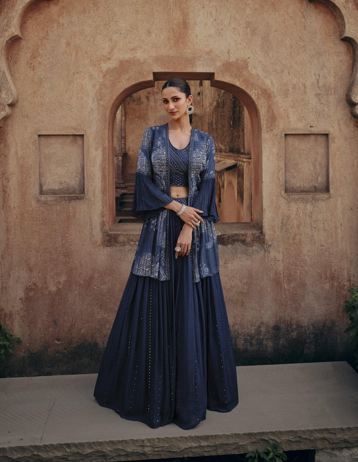 Engagement Wear Blue Silk Shrug Crop Top Skirt Set - Fashion Nation