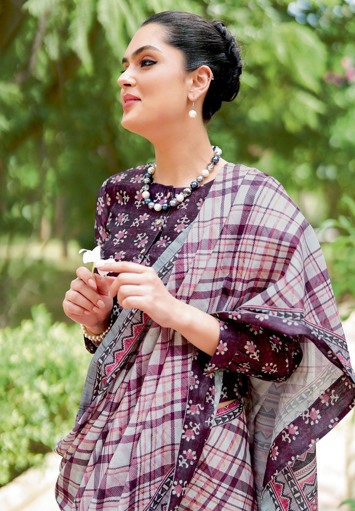 Purple Checks Pattern Silk Sari | Double Blouse | For Everyday Fashion - Fashion Nation