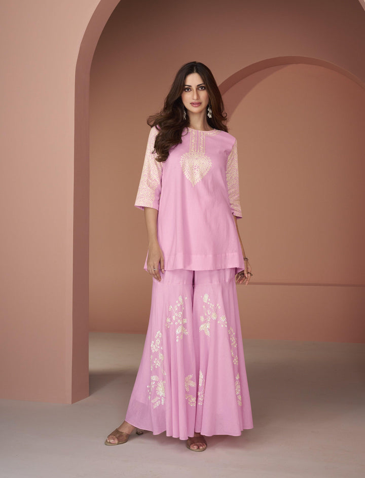 Celebration Wear Pink Cotton Silk Fusion Fashion Sharara Co-ord Set - Fashion Nation