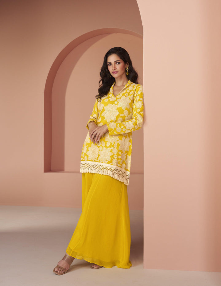 Haldi Wear Yellow Silk Georgette Indo-Western Designer Co-ord Set - Fashion Nation