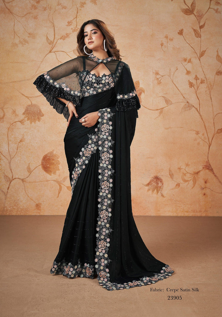 Black Crepe Silk Cocktail Partywear Saree with Poncho - Fashion Nation