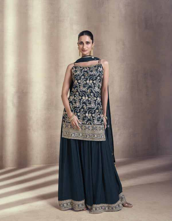 Engagement Wear Blue Silk Sleeveless Sharara Suit - Fashion Nation