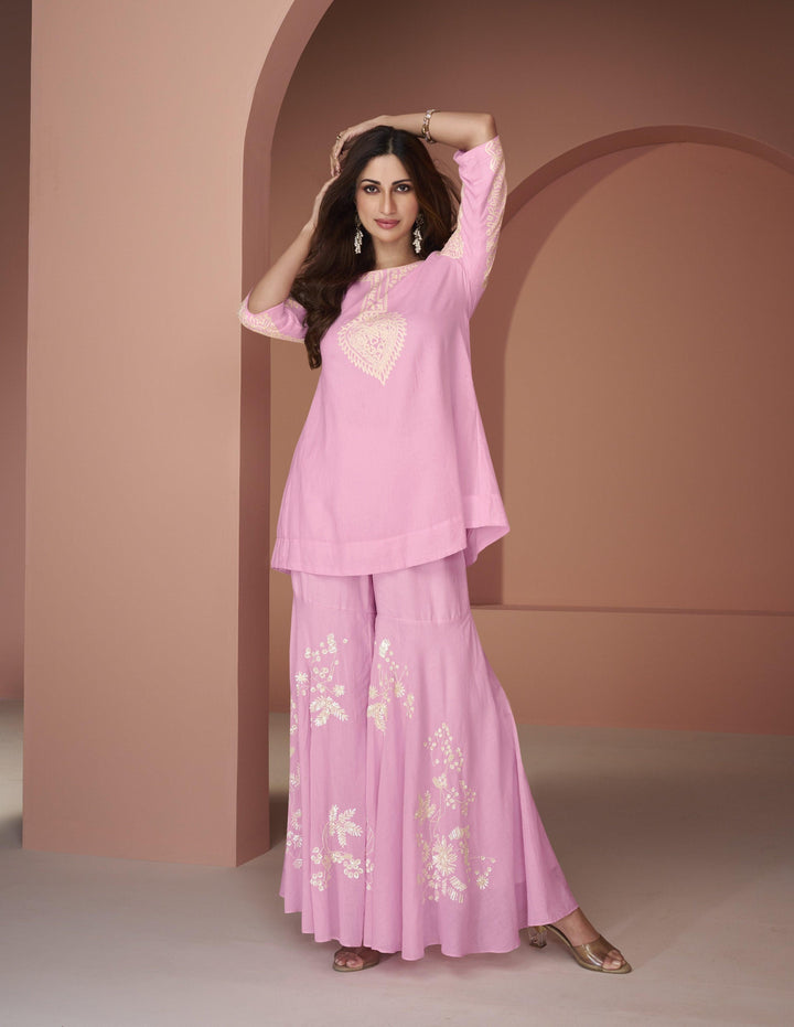 Celebration Wear Pink Cotton Silk Fusion Fashion Sharara Co-ord Set - Fashion Nation