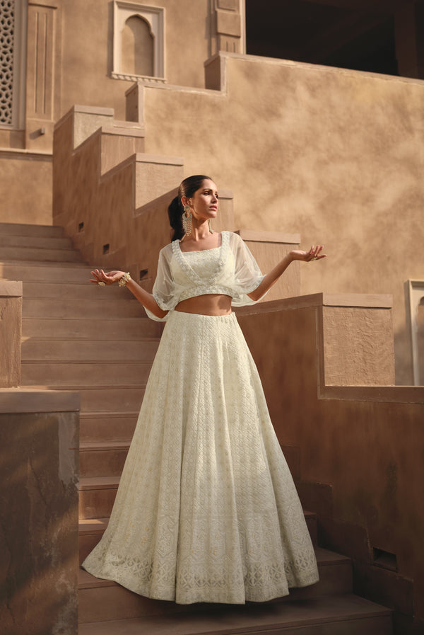 Bollywood Style White Georgette Indo Western Skirt Crop Top Shrug Set