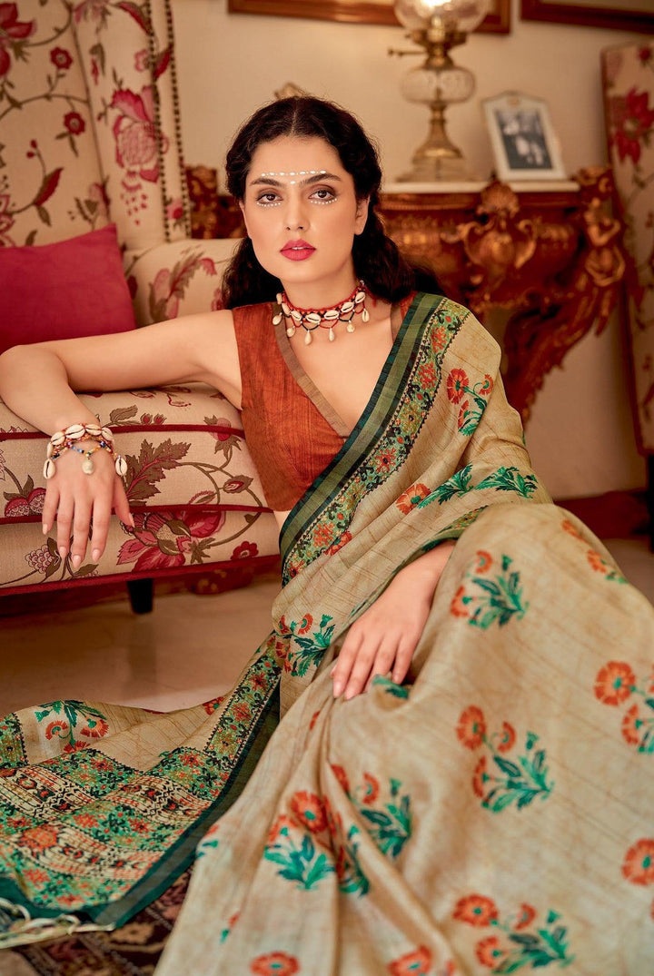 Digital Printed Mughal-Inspired Floral Designs On Banarasi Zari Silk Sari - Fashion Nation