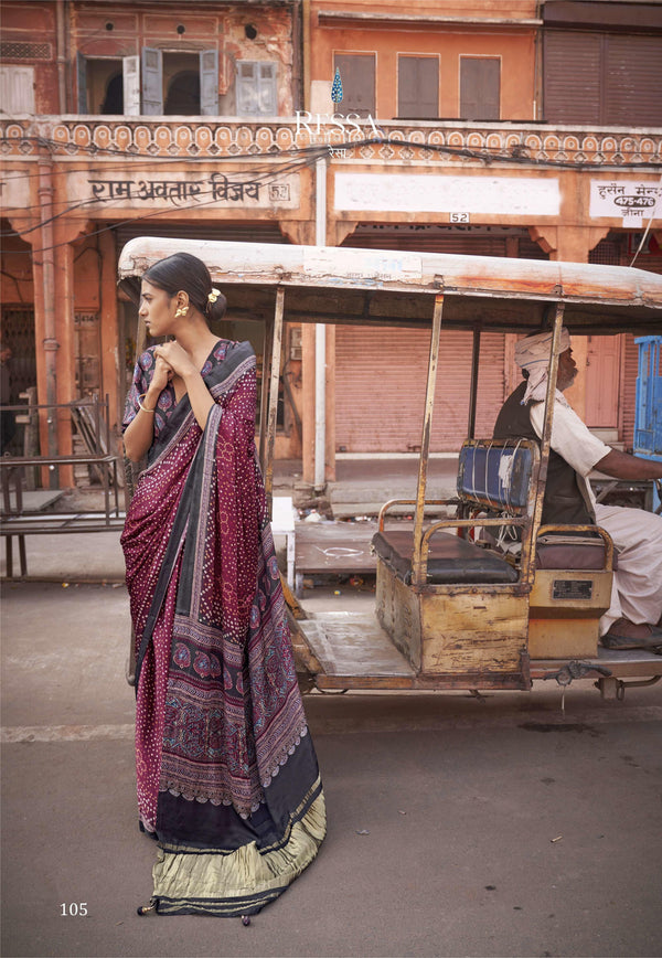 Traditional Bandhani Ajrak Print Maroon Gaji Silk Saree | Sangeet Wear - Fashion Nation