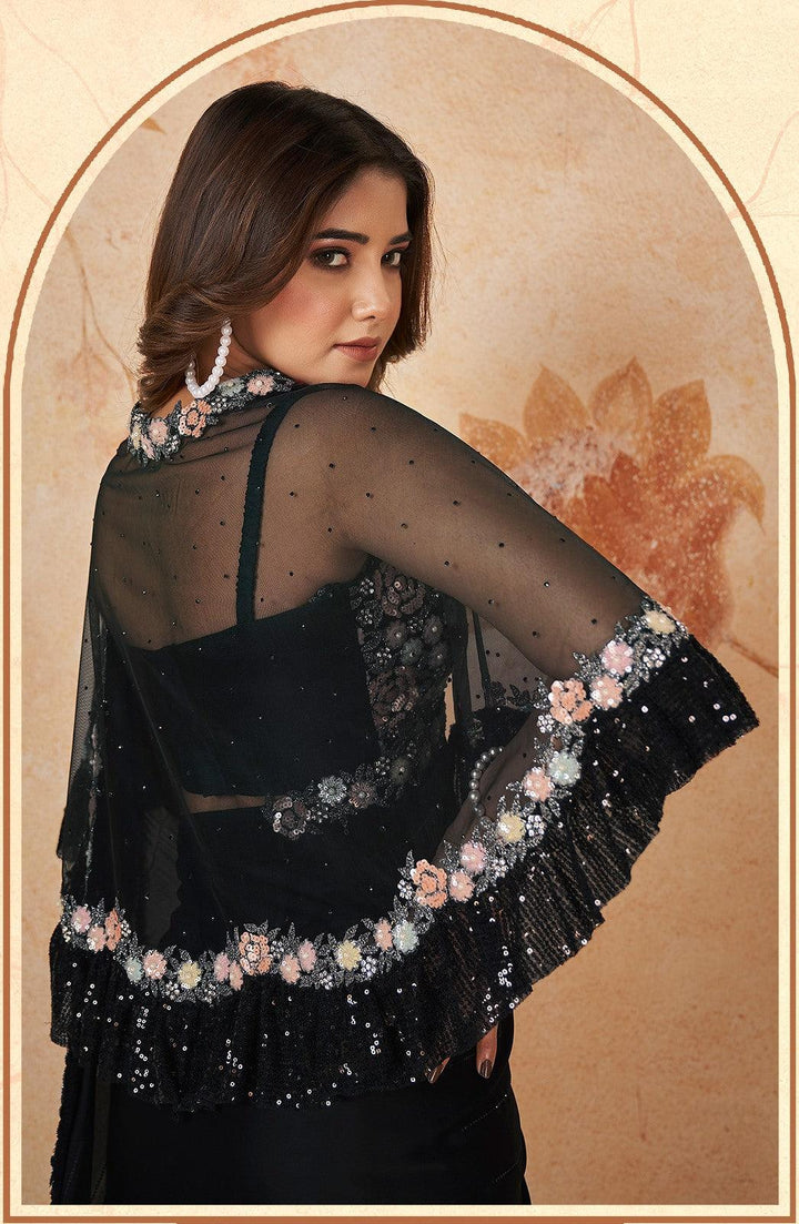 Black Crepe Silk Cocktail Partywear Saree with Poncho - Fashion Nation