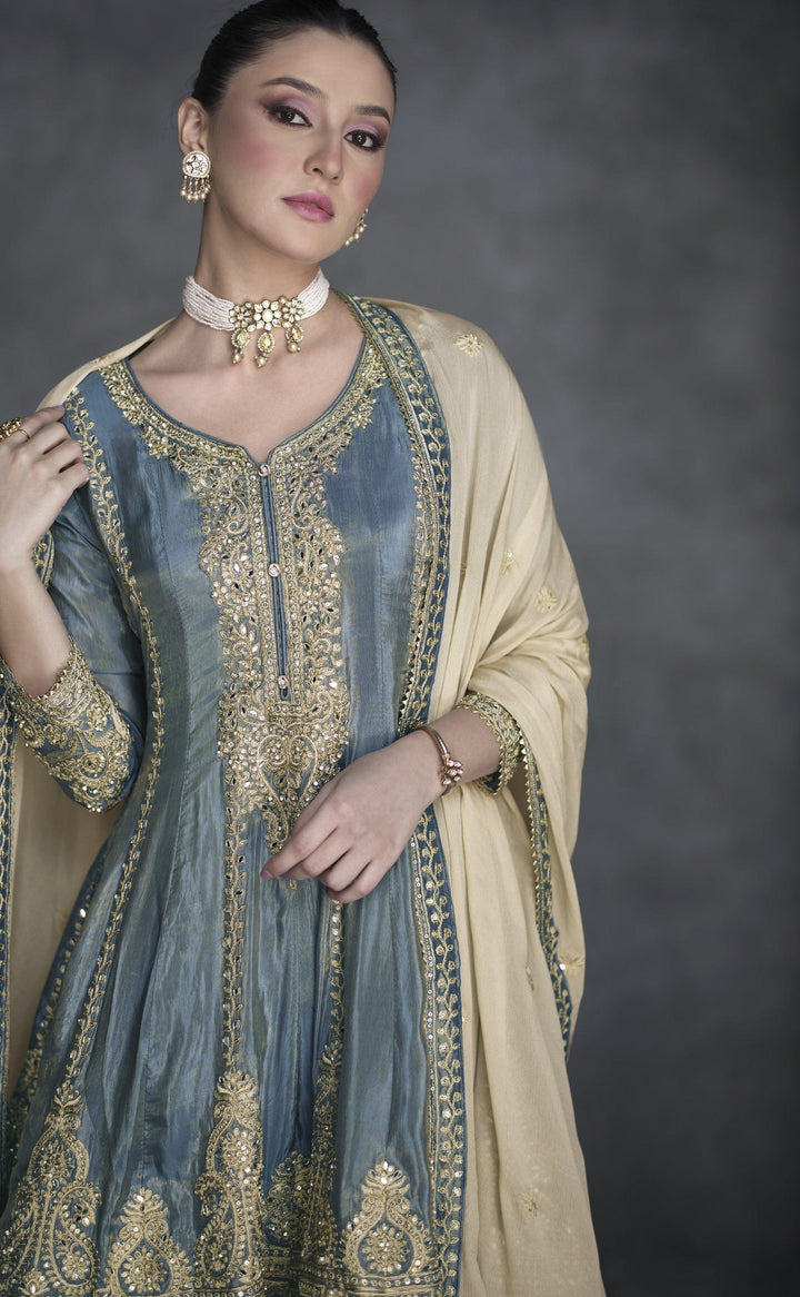 Occasion Wear Blue Organza Silk Designer Palazzo Kurta Suit - Fashion Nation